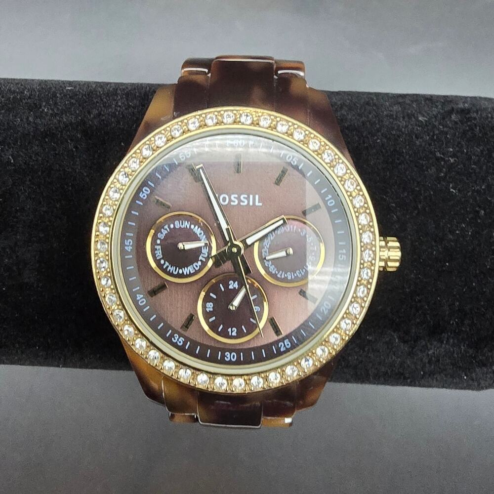 Women's Fossil Faux Tortoise Shell Watch Brown Rhinestone Quartz WORKS